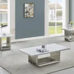 BQ-CT310-1-1 White Marble Coffee Table Sets: Coffee Table and 2 End Tables with Stainless Steel Base