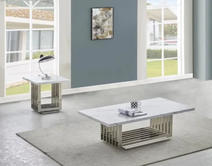BQ-CT310-1 White Marble Coffee Table Sets: Coffee Table and End Table with Stainless Steel Base