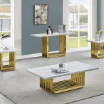 BQ-CT313-4-4-5 White Marble Coffee Table Sets: Coffee Table, End Table, Console Table with Stainless Steel Gold Base
