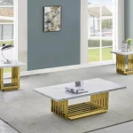 BQ-CT313-4-4 White Marble Coffee Table Sets: Coffee Table and 2 End Tables with Stainless Steel Gold Base