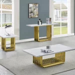 BQ-CT313-4-5 White Marble Coffee Table Sets: Coffee Table, End Table, Console Table with Stainless Steel Gold Base