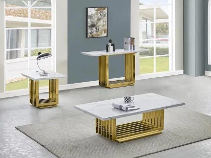 BQ-CT313-4-5 White Marble Coffee Table Sets: Coffee Table, End Table, Console Table with Stainless Steel Gold Base
