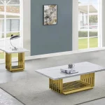 BQ-CT313-4 White Marble Coffee Table Sets: Coffee Table and End Table with Stainless Steel Gold Base