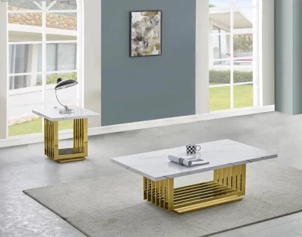 BQ-CT313-4 White Marble Coffee Table Sets: Coffee Table and End Table with Stainless Steel Gold Base