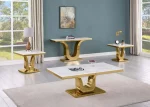 BQ-CT320-1-1-2 White Marble Coffee Table Sets: Coffee Table, End Table, Console Table with Stainless Steel Gold Base