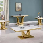 BQ-CT320-1-1-2 White Marble Coffee Table Sets: Coffee Table, End Table, Console Table with Stainless Steel Gold Base