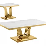 BQ-CT320-1 White Marble Coffee Table Sets: Coffee Table and End Table with Stainless Steel Gold Base