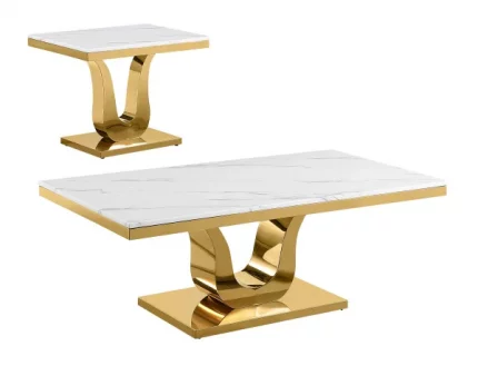 BQ-CT320-1 White Marble Coffee Table Sets: Coffee Table and End Table with Stainless Steel Gold Base