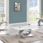 BQ-CT430-1-1 White Marble Coffee Table Sets: Coffee Table and 2 End Tables with Stainless Steel Base