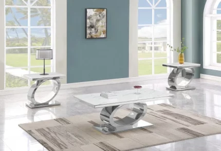 BQ-CT430-1-1 White Marble Coffee Table Sets: Coffee Table and 2 End Tables with Stainless Steel Base