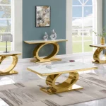 BQ-CT433-4-4-5 White Marble Coffee Table Sets: Coffee Table, End Table, Console Table with Stainless Steel Gold Base