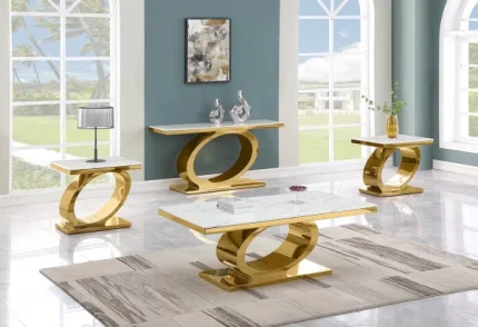 BQ-CT433-4-4-5 White Marble Coffee Table Sets: Coffee Table, End Table, Console Table with Stainless Steel Gold Base
