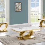 BQ-CT433-4-4 White Marble Coffee Table Sets: Coffee Table and 2 End Tables  with Stainless Steel Gold Base