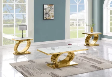 BQ-CT433-4-4 White Marble Coffee Table Sets: Coffee Table and 2 End Tables  with Stainless Steel Gold Base