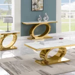 BQ-CT433-4-5 White Marble Coffee Table Sets: Coffee Table, End Table, Console Table with Stainless Steel Gold Base