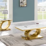 BQ-CT433-4 White Marble Coffee Table Sets: Coffee Table and End Table with Stainless Steel Gold Base
