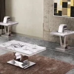 BQ-CT27-8-8 Classic 3pc Set: Marble Top Coffee Table and End table(s) with Stainless Steel Base