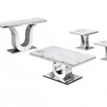 BQ-CT27-8-8-9 White Marble Top Coffee Table Set With Stainless Steel Base