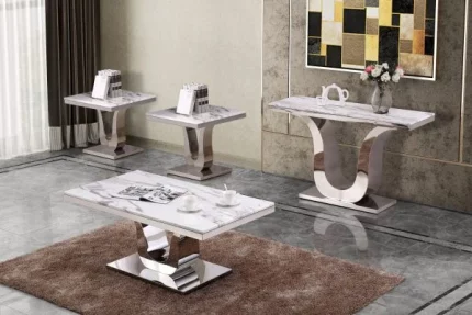 BQ-CT27-8-8-9 Classic 4pc Set: Marble Top Coffee Table, End table(s), and Console Table with Stainless Steel Base