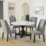 BQ- D522 & D523: 5pc Round Faux White Marble Dining Set